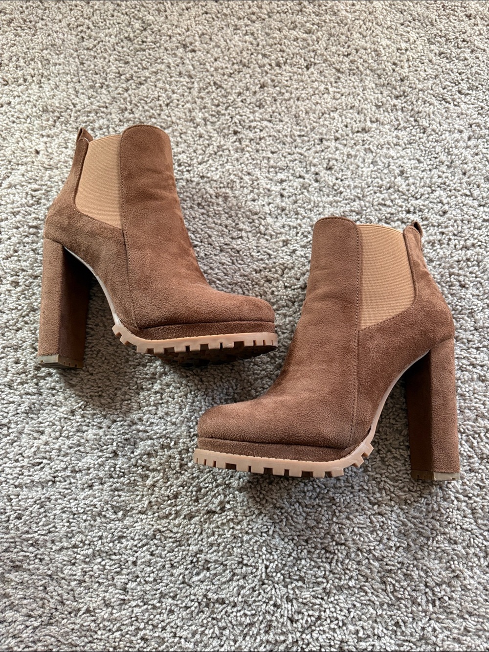 Brown Suede Platform Block Heel Chelsea Booties - Women's